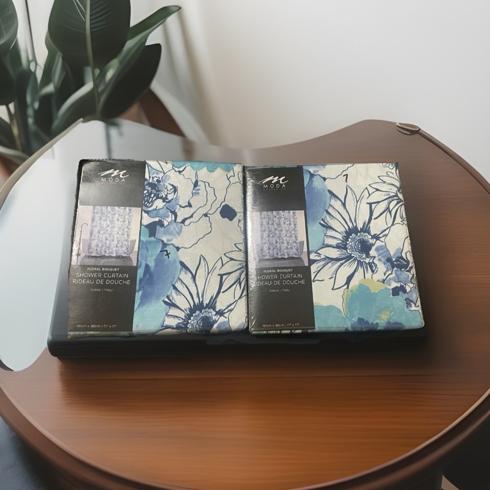 Lot of 2 MODA Shower Curtains Floral Bouquet Blue & White Flowers 71”x 71” NEW